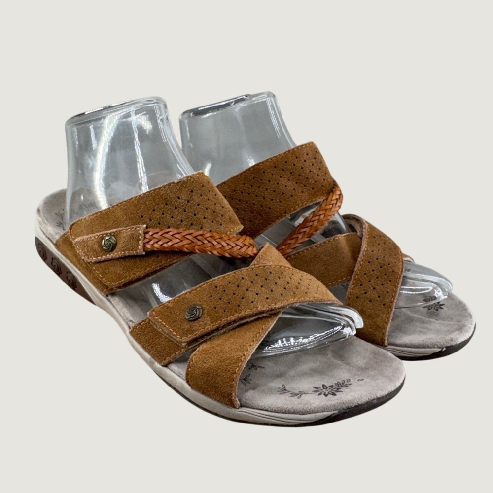 Therafit Leather Slide Sandals 9.5-10 Cognac Brown Boho Comfort Strappy Boho